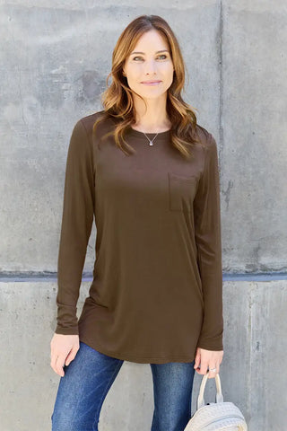 Chocolate / S - Full Size Round Neck Long Sleeve Top - T-Shirt - Basic Bae - Tops