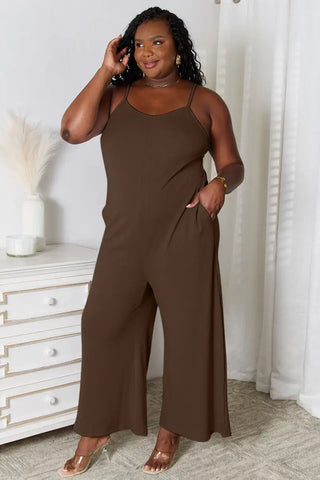 Chocolate / S - Full Size Spaghetti Strap V-Neck Jumpsuit - Jumpsuit - Basic Bae - Jumpsuits & Rompers