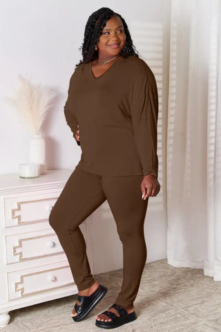 Chocolate / S - Full Size V-Neck Soft Rayon Long Sleeve Top and Pants Lounge Set - Loungwear - Basic Bae - Loungewear