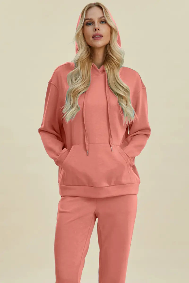 Coral / S - Full Size Air Scuba Drawstring Long Sleeve Hoodie with Kangaroo Pocket - Basic Bae - Tops