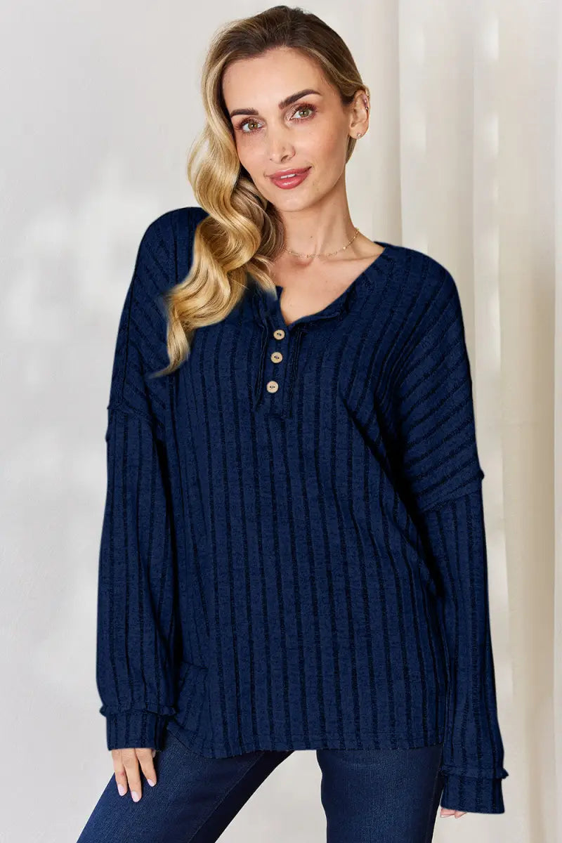 Dark Blue / S - Full Size Ribbed Half Button Long Sleeve T-Shirt - Sweatshirt - Basic Bae - Tops