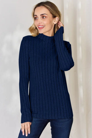 Dark Blue / S - Full Size Ribbed Mock Neck Long Sleeve T-Shirt - T-Shirt - Basic Bae - Tops