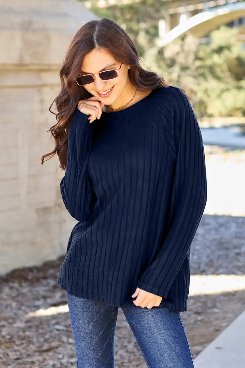 Dark Blue / S - Full Size Ribbed Round Neck Long Sleeve Knit Top - Sweater - Basic Bae - Winter Collection