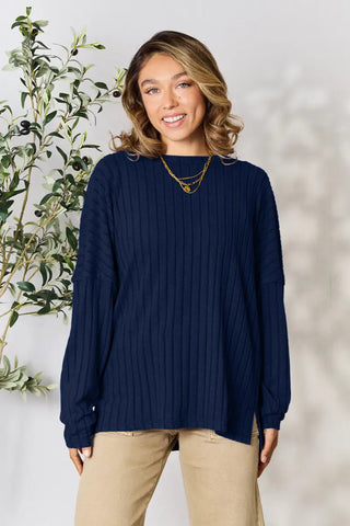 Dark Blue / S - Full Size Ribbed Round Neck Slit Knit Top - Sweatshirt - Basic Bae - Sweaters & Knitwear