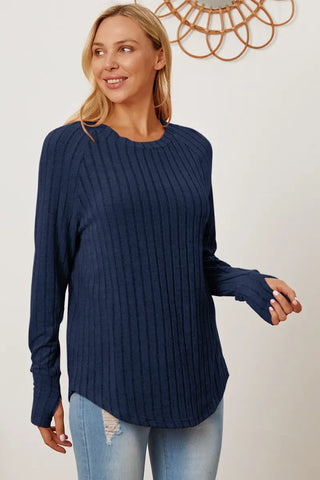 Dark Blue / S - Full Size Ribbed Thumbhole Sleeve T-Shirt - T-Shirt - Basic Bae - Tops