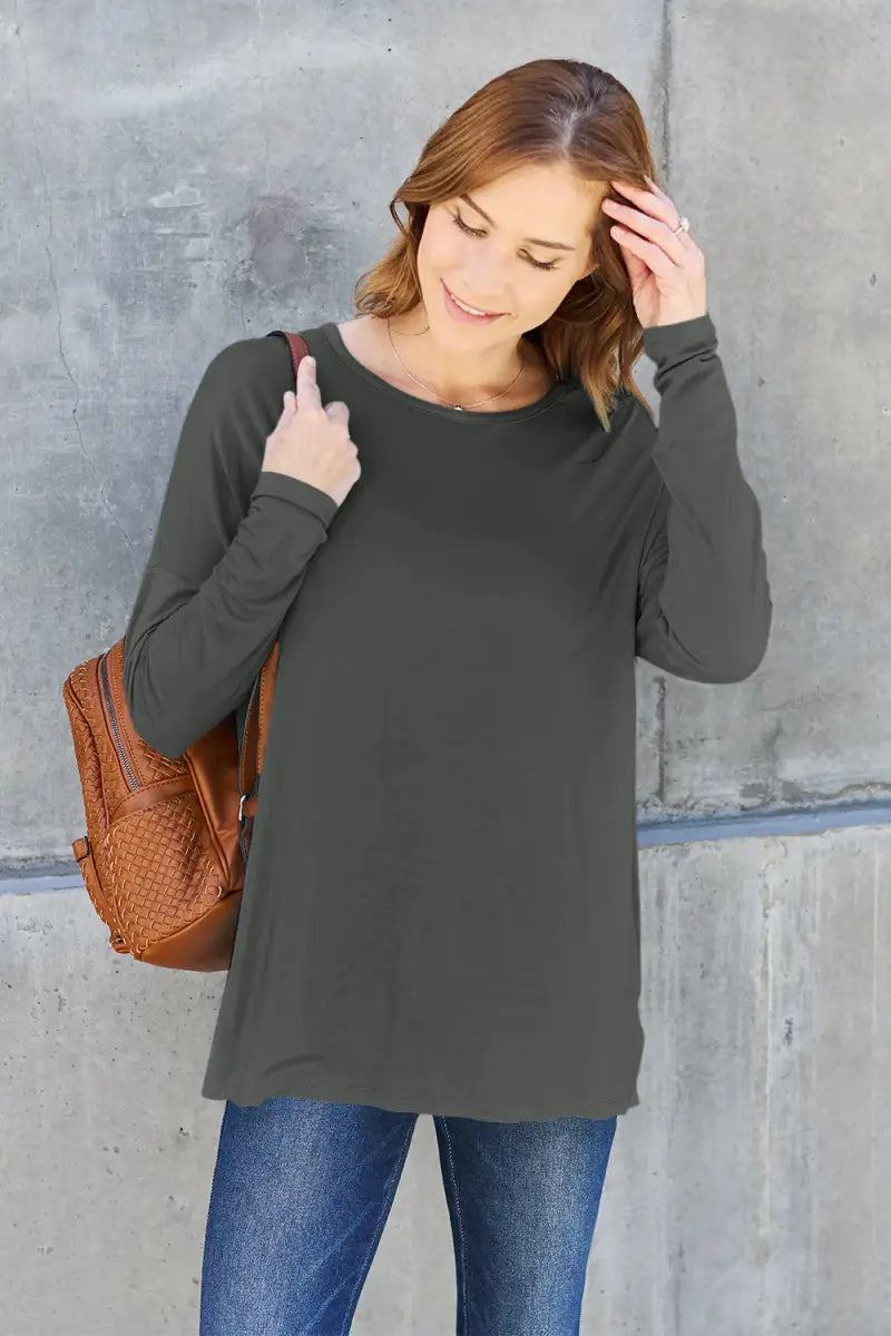 Dark Gray / S - Full Size Round Neck Dropped Shoulder T-Shirt - T-Shirt - Basic Bae - Tops