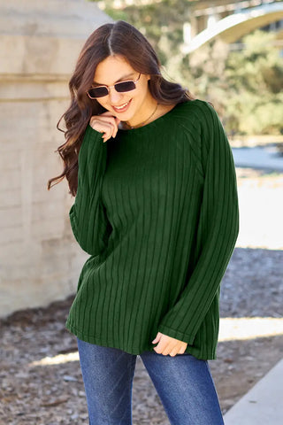 Dark Green / S - Full Size Ribbed Round Neck Long Sleeve Knit Top - Sweater - Basic Bae - Winter Collection