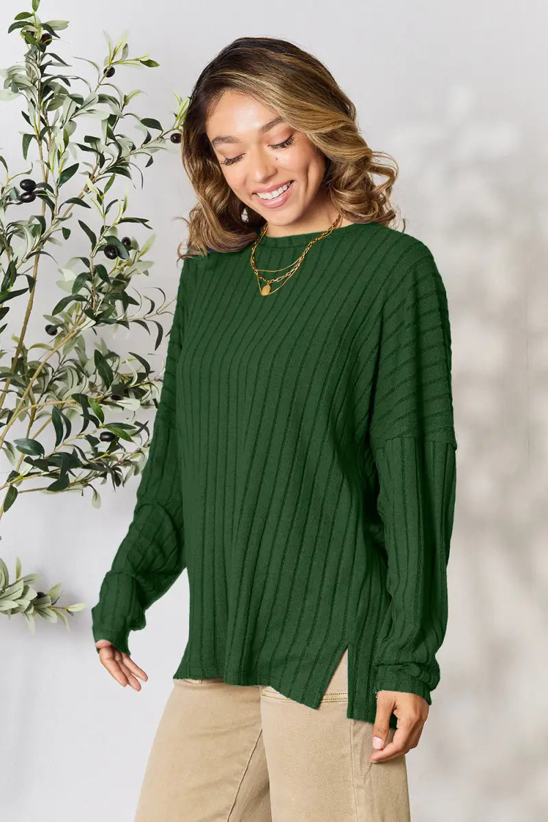 Dark Green / S - Full Size Ribbed Round Neck Slit Knit Top - Sweatshirt - Basic Bae - Sweaters & Knitwear