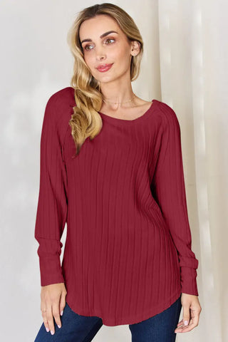 Deep Red / S - Full Size Ribbed Round Neck Slit T-Shirt - T-Shirt - Basic Bae - Tops