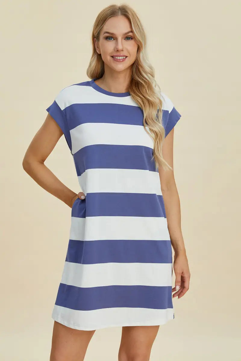 Dusty Blue / S - Full Size Striped Round Neck Cap Sleeve Mini Dress - Dress - Basic Bae - Dresses