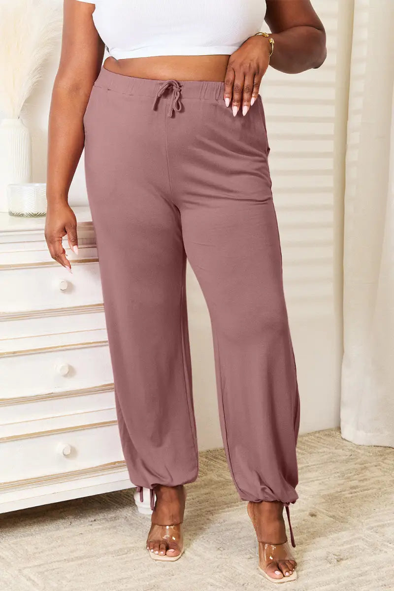 Dusty Pink / S - Full Size Soft Rayon Drawstring Waist Pants with Pockets - Pants - Basic Bae - Bottoms