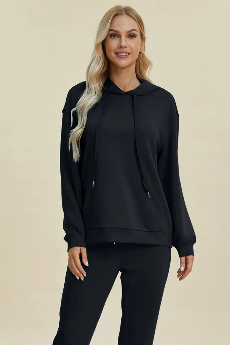 Full Size Air Scuba Drawstring Long Sleeve Hoodie with Kangaroo Pocket - Basic Bae - Tops