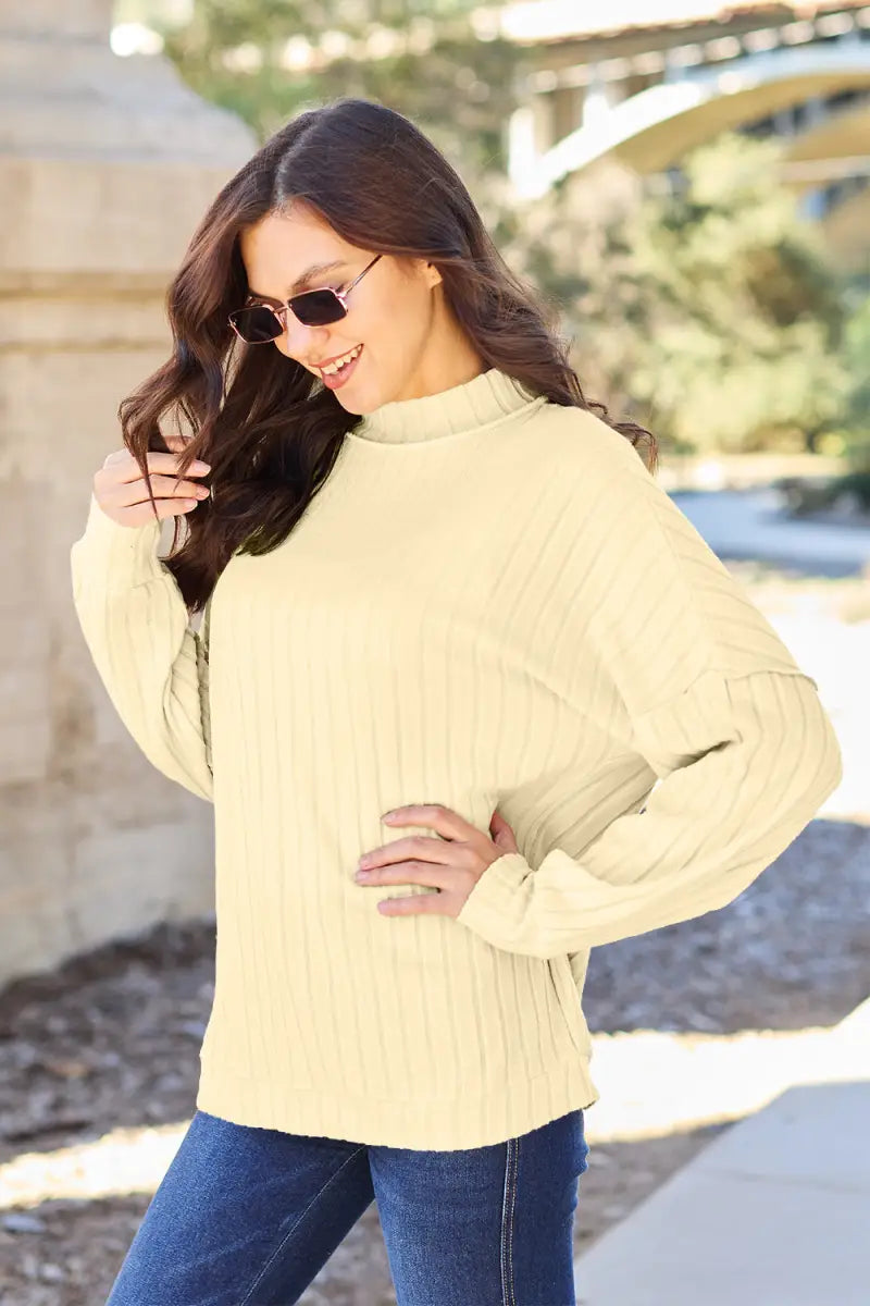 Full Size Ribbed Exposed Seam Mock Neck Knit Top - Sweater - Basic Bae - Winter Collection