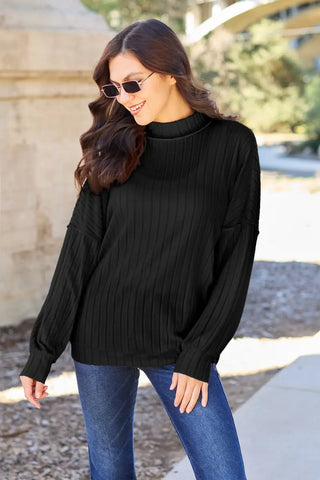 Full Size Ribbed Exposed Seam Mock Neck Knit Top - Sweater - Basic Bae - Winter Collection