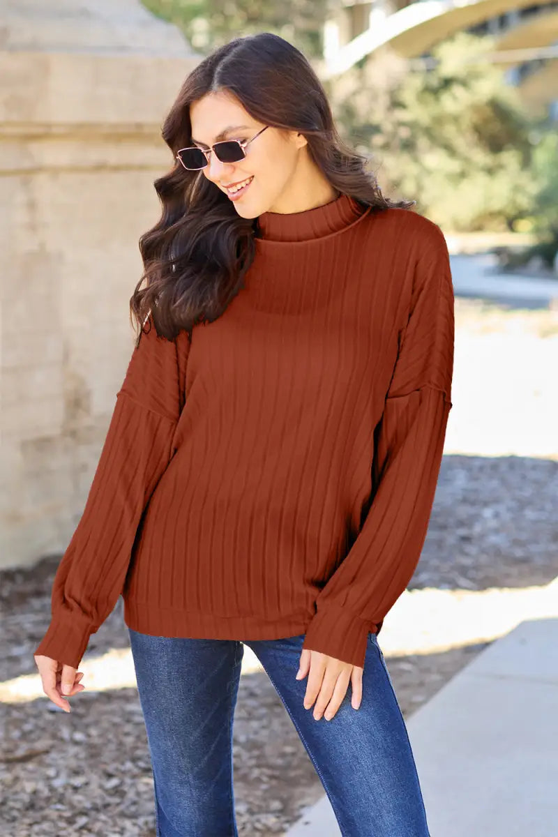 Full Size Ribbed Exposed Seam Mock Neck Knit Top - Sweater - Basic Bae - Winter Collection