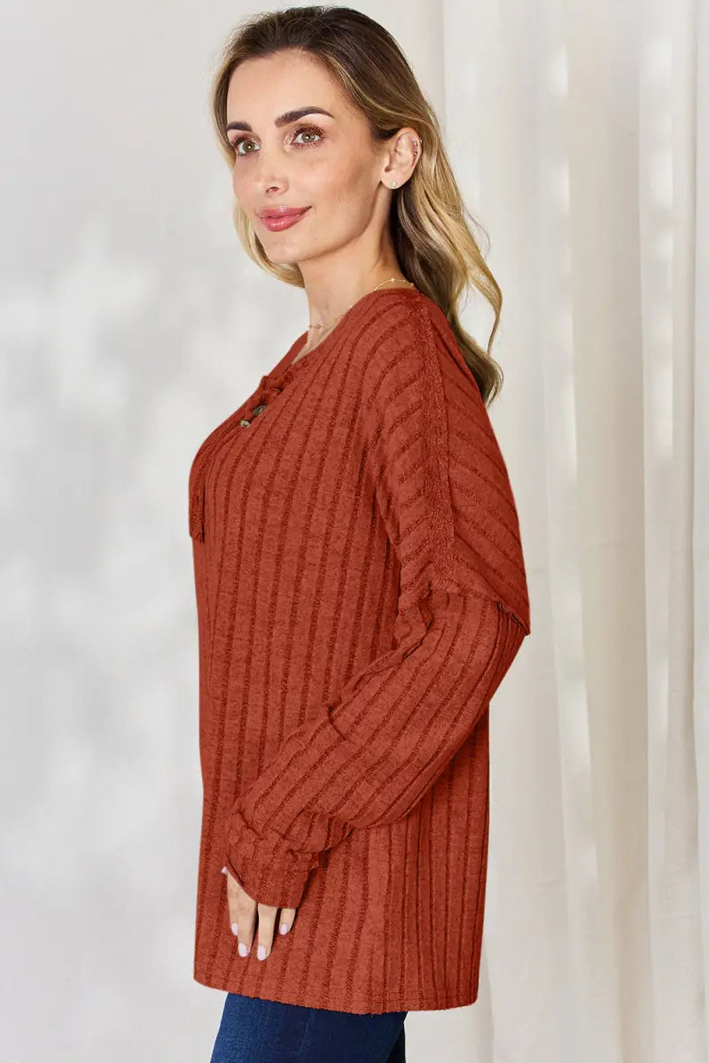 Full Size Ribbed Half Button Long Sleeve T-Shirt - Sweatshirt - Basic Bae - Tops