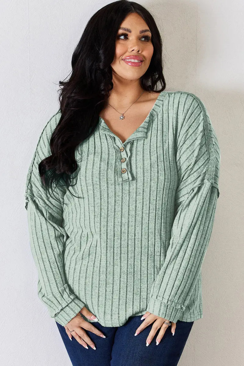 Full Size Ribbed Half Button Long Sleeve T-Shirt - Sweatshirt - Basic Bae - Tops