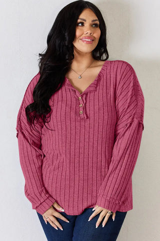 Full Size Ribbed Half Button Long Sleeve T-Shirt - Sweatshirt - Basic Bae - Tops