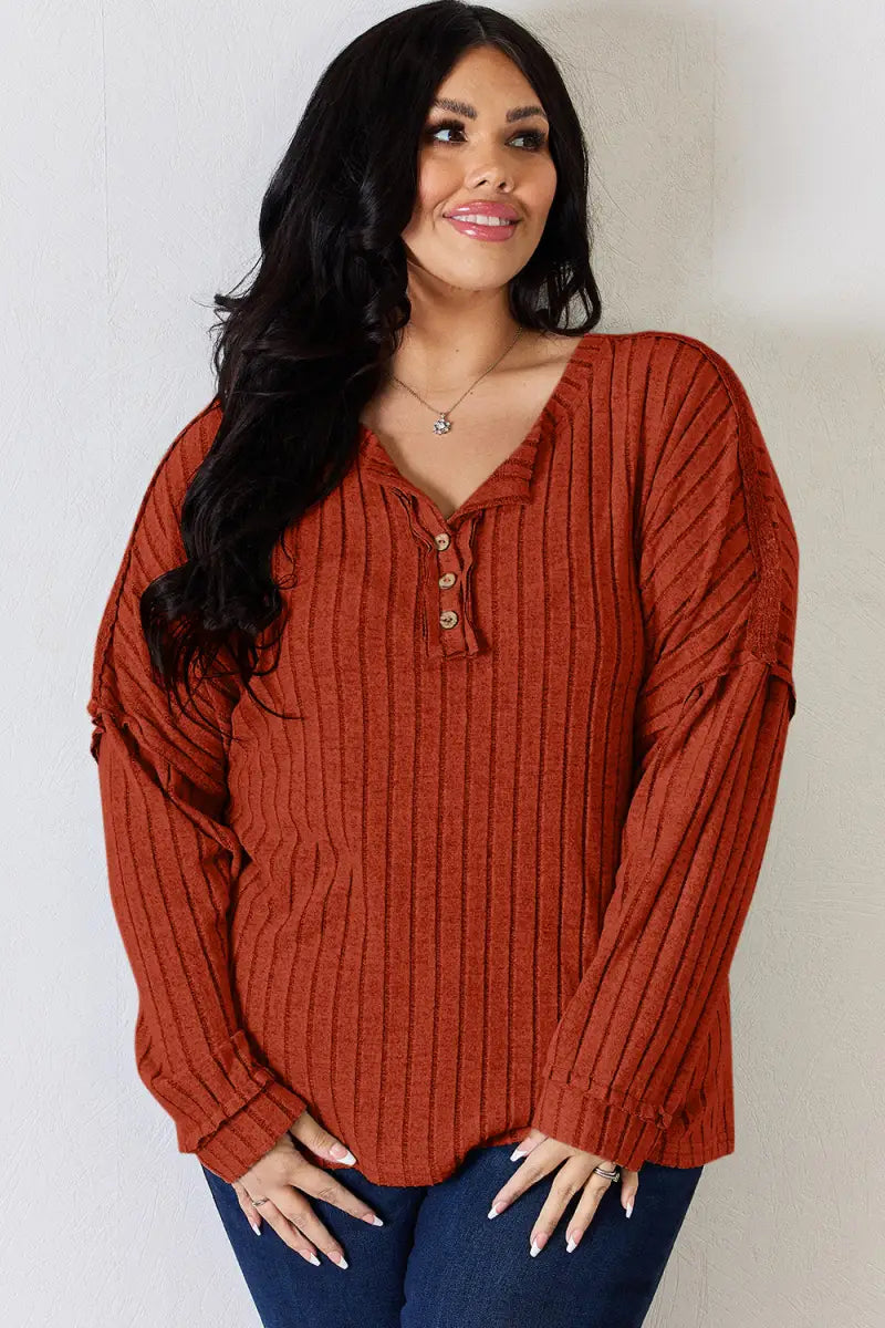 Full Size Ribbed Half Button Long Sleeve T-Shirt - Sweatshirt - Basic Bae - Tops