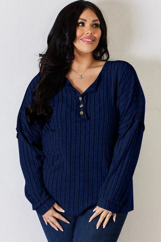 Full Size Ribbed Half Button Long Sleeve T-Shirt - Sweatshirt - Basic Bae - Tops