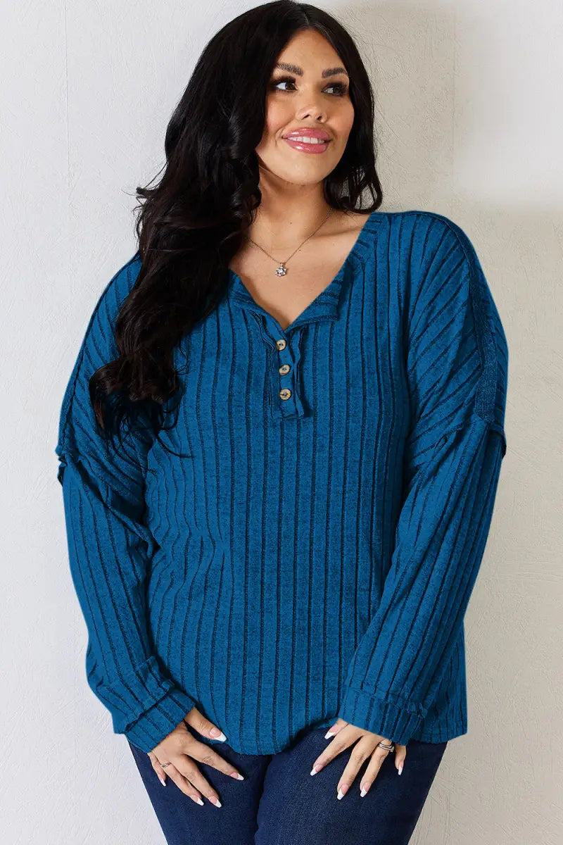 Full Size Ribbed Half Button Long Sleeve T-Shirt - Sweatshirt - Basic Bae - Tops