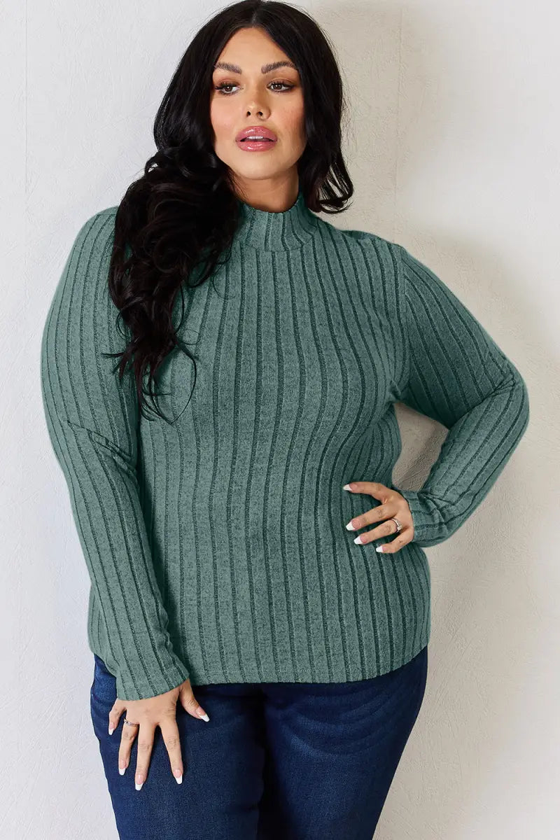 Full Size Ribbed Mock Neck Long Sleeve T-Shirt - T-Shirt - Basic Bae - Tops