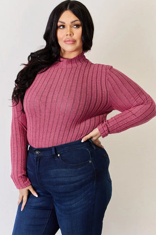 Full Size Ribbed Mock Neck Long Sleeve T-Shirt - T-Shirt - Basic Bae - Tops