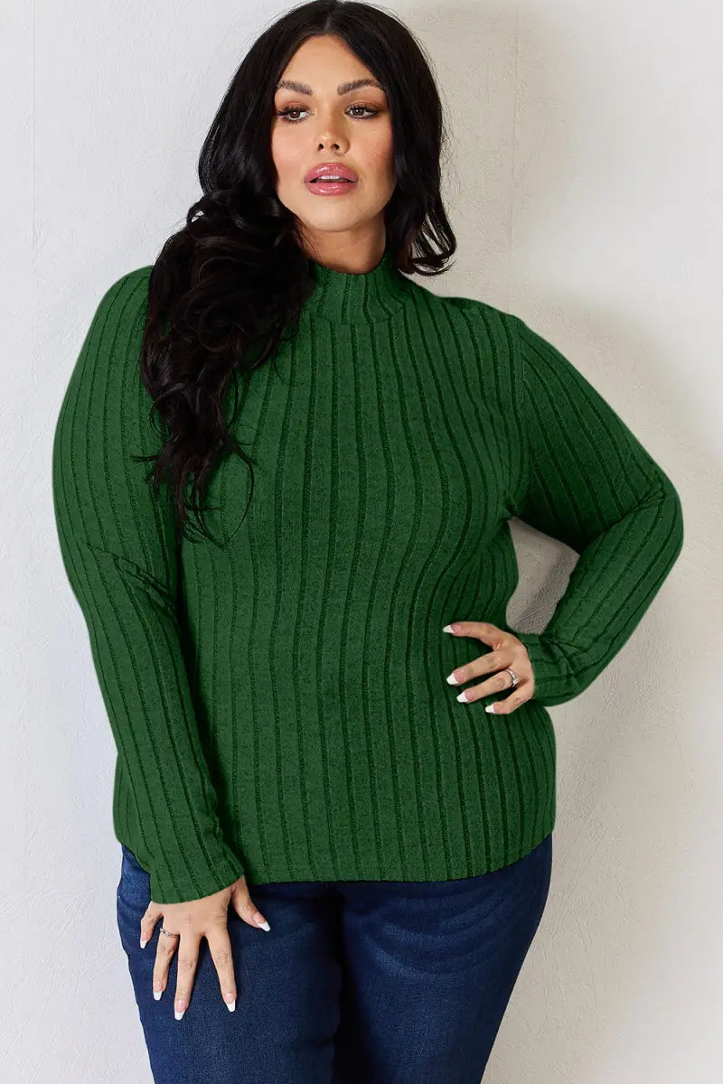 Full Size Ribbed Mock Neck Long Sleeve T-Shirt - T-Shirt - Basic Bae - Tops