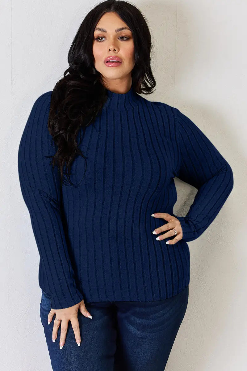 Full Size Ribbed Mock Neck Long Sleeve T-Shirt - T-Shirt - Basic Bae - Tops