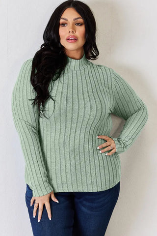 Full Size Ribbed Mock Neck Long Sleeve T-Shirt - T-Shirt - Basic Bae - Tops