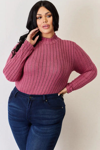 Full Size Ribbed Mock Neck Long Sleeve T-Shirt - T-Shirt - Basic Bae - Tops