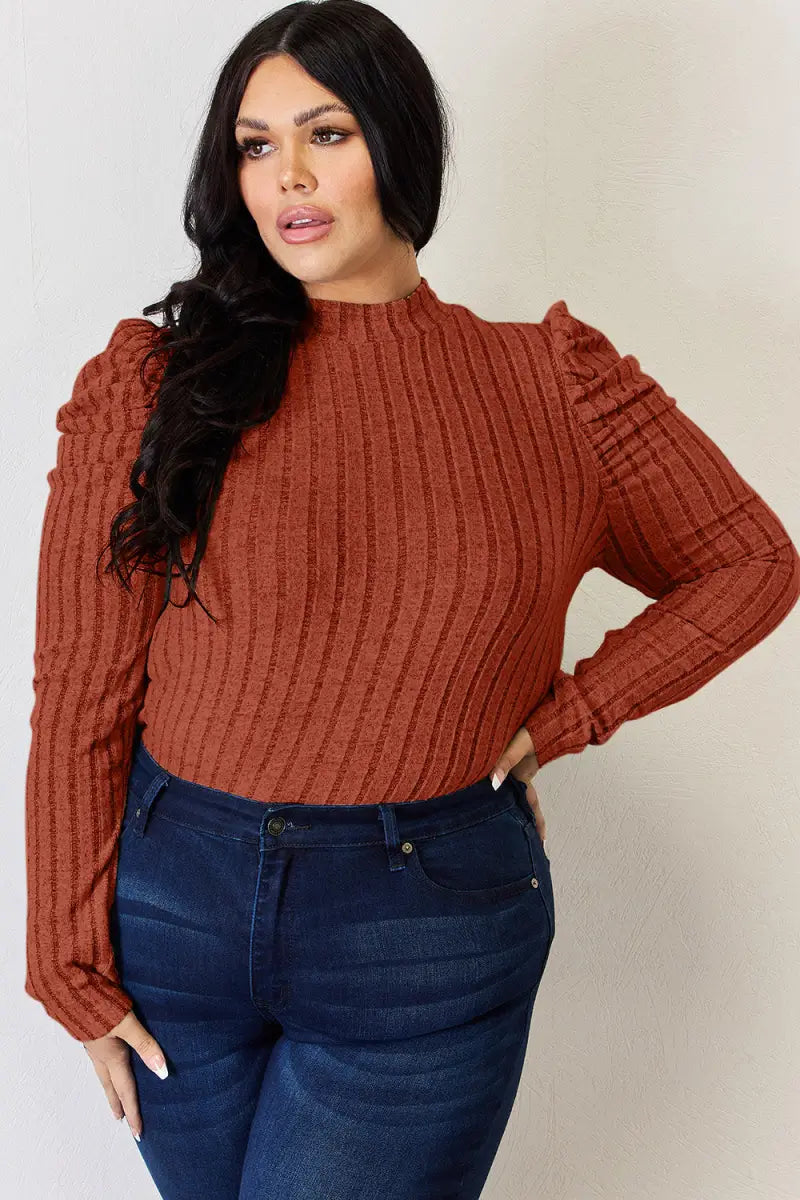 Full Size Ribbed Mock Neck Puff Sleeve T-Shirt - T-Shirt - Basic Bae - Tops