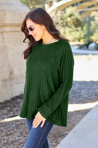 Full Size Ribbed Round Neck Long Sleeve Knit Top - Sweater - Basic Bae - Winter Collection