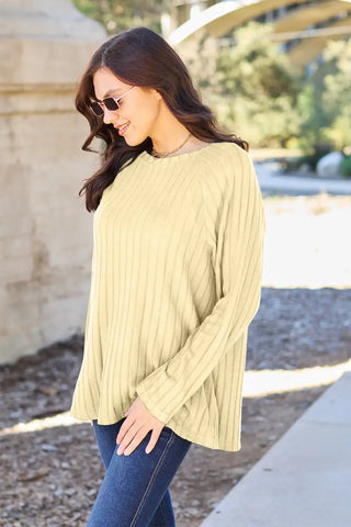 Full Size Ribbed Round Neck Long Sleeve Knit Top - Sweater - Basic Bae - Winter Collection