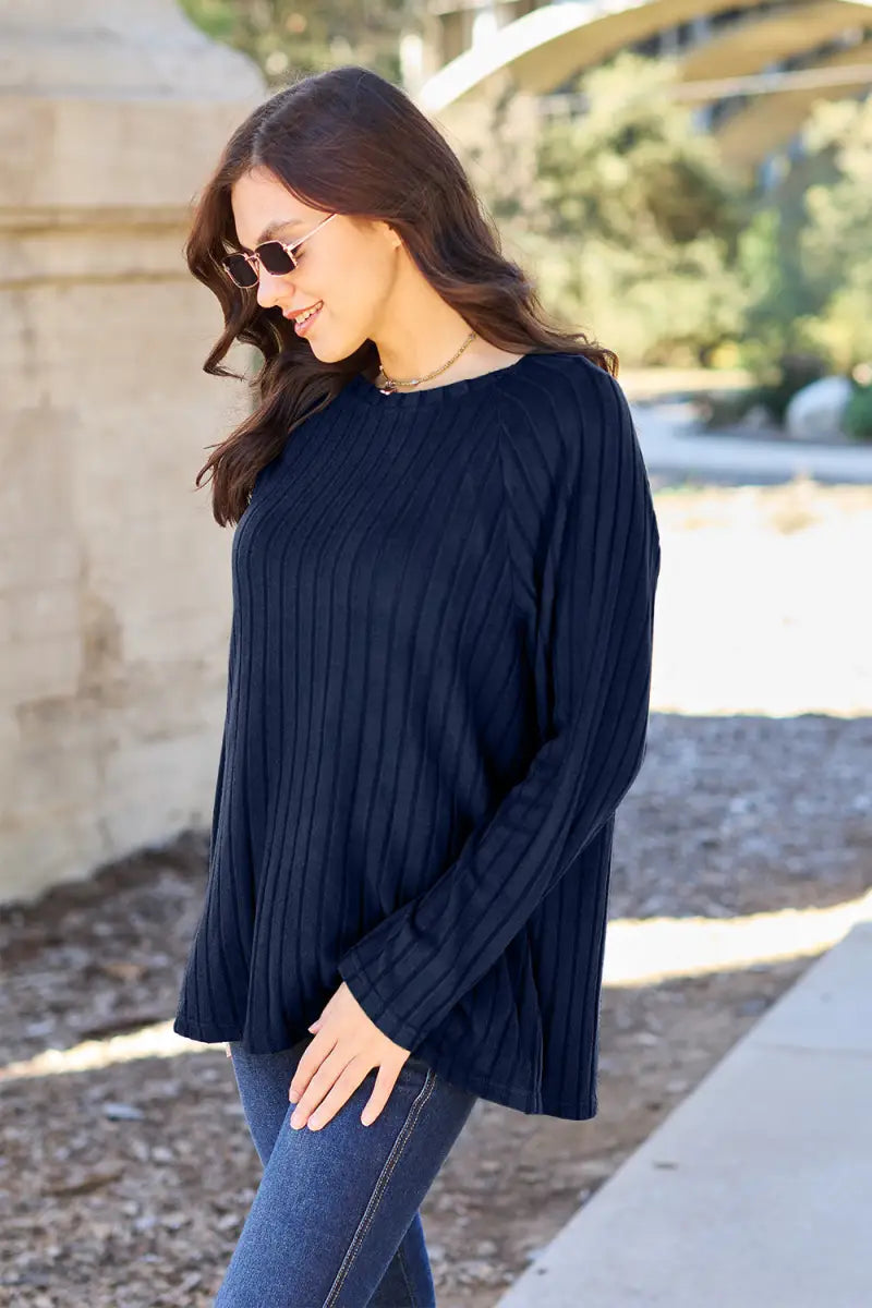 Full Size Ribbed Round Neck Long Sleeve Knit Top - Sweater - Basic Bae - Winter Collection