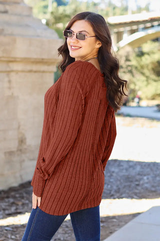 Full Size Ribbed Round Neck Long Sleeve Knit Top - Sweater - Basic Bae - Winter Collection