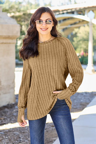 Full Size Ribbed Round Neck Long Sleeve Knit Top - Sweater - Basic Bae - Winter Collection