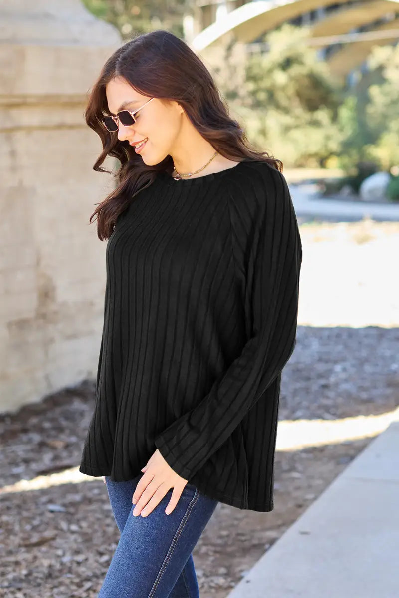 Full Size Ribbed Round Neck Long Sleeve Knit Top - Sweater - Basic Bae - Winter Collection