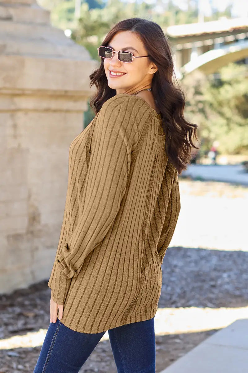 Full Size Ribbed Round Neck Long Sleeve Knit Top - Sweater - Basic Bae - Winter Collection