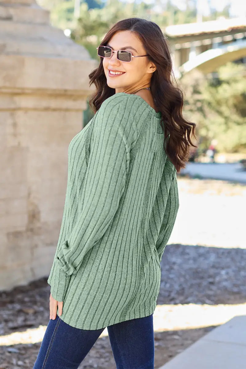 Full Size Ribbed Round Neck Long Sleeve Knit Top - Sweater - Basic Bae - Winter Collection