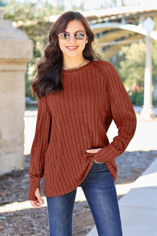 Full Size Ribbed Round Neck Long Sleeve Knit Top - Sweater - Basic Bae - Winter Collection