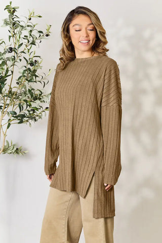 Full Size Ribbed Round Neck Long Sleeve Slit Top - T-Shirt - Basic Bae - Tops