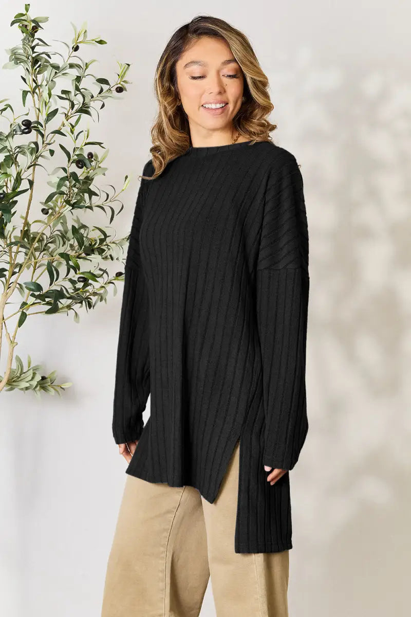 Full Size Ribbed Round Neck Long Sleeve Slit Top - T-Shirt - Basic Bae - Tops