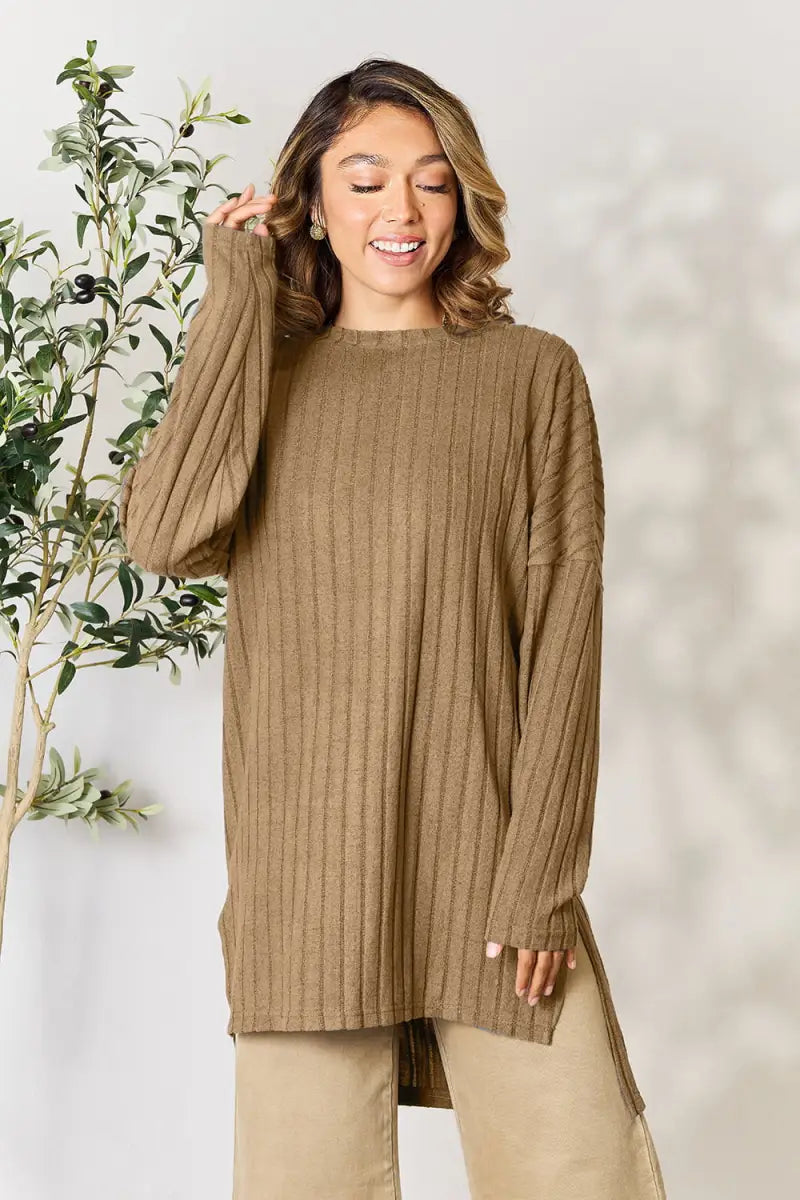 Full Size Ribbed Round Neck Long Sleeve Slit Top - T-Shirt - Basic Bae - Tops