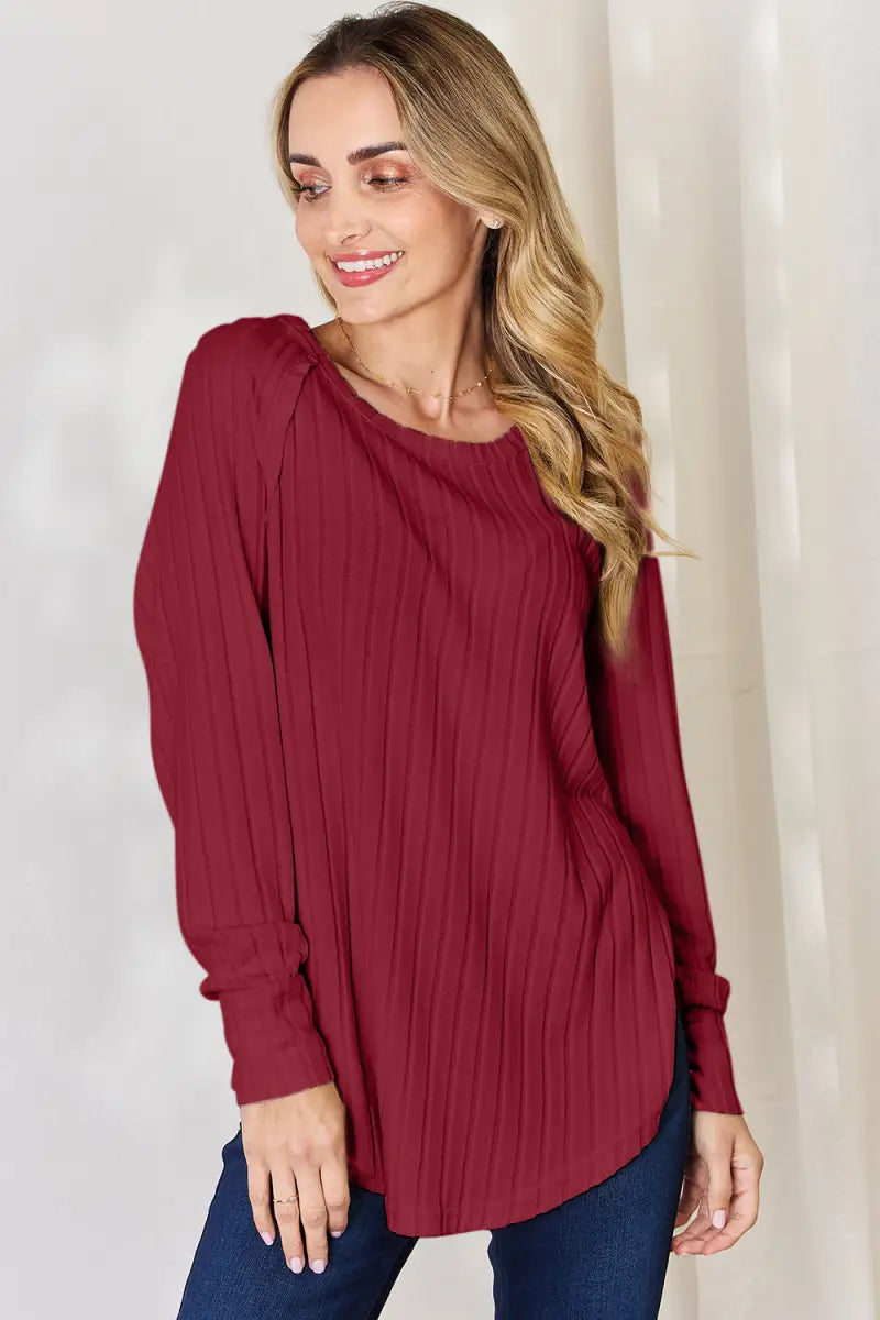 Full Size Ribbed Round Neck Slit T-Shirt - T-Shirt - Basic Bae - Tops