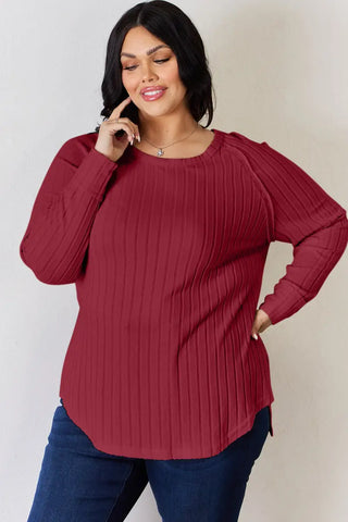 Full Size Ribbed Round Neck Slit T-Shirt - T-Shirt - Basic Bae - Tops