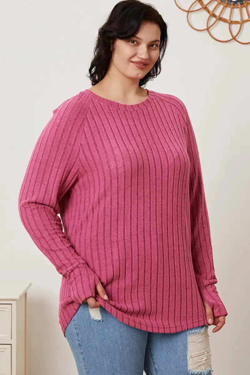 Full Size Ribbed Thumbhole Sleeve T-Shirt - T-Shirt - Basic Bae - Tops