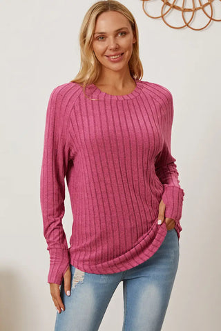 Full Size Ribbed Thumbhole Sleeve T-Shirt - T-Shirt - Basic Bae - Tops