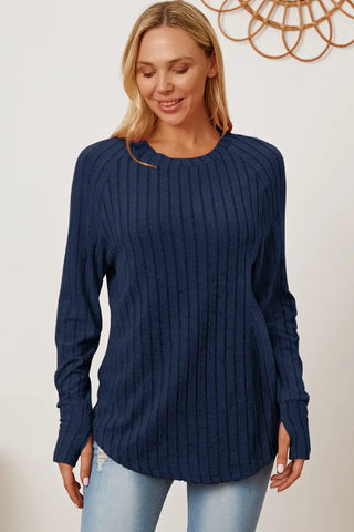 Full Size Ribbed Thumbhole Sleeve T-Shirt - T-Shirt - Basic Bae - Tops