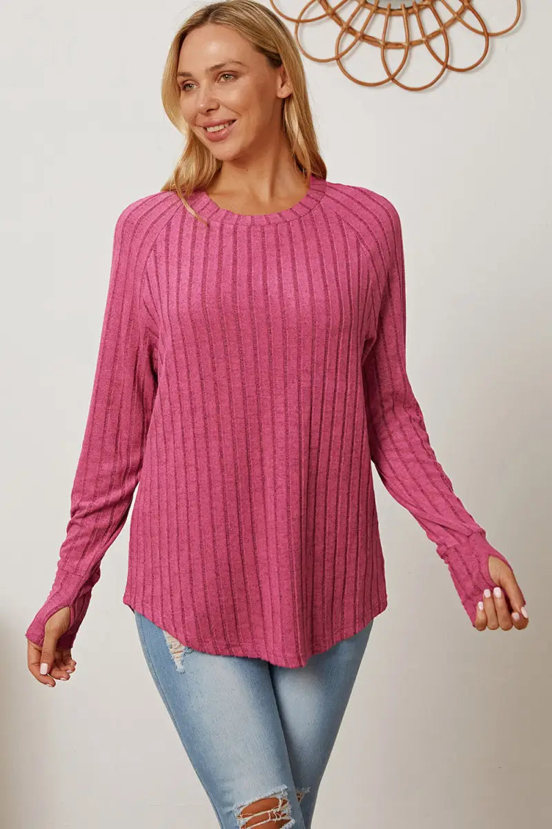 Full Size Ribbed Thumbhole Sleeve T-Shirt - T-Shirt - Basic Bae - Tops